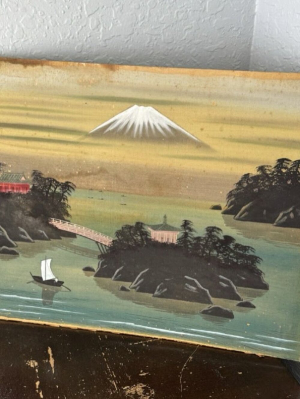 Antique silk landscape painting, 14 x 17 inches: Pagoda Island of Mount Fuji